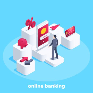 Mavi arkaplandaki izometrik vektör görüntüsü, akıllı bir telefonun yanında duran takım elbiseli bir adam, akıllı bir telefonda online bankacılık, finans ile çalışmak için bir uygulama