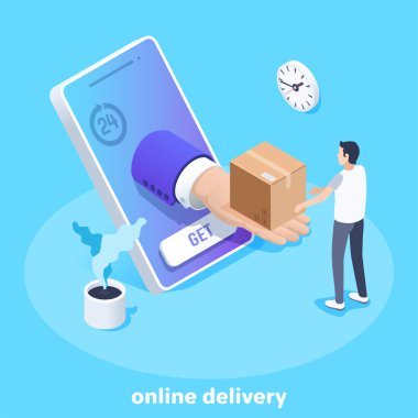 isometric vector image on a blue background, a man in a business suit transmits a parcel in the form of a box through the screen of a smartphone, online shopping and delivery clipart
