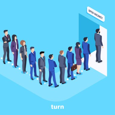 isometric vector image on a blue background, people in business suits are standing in a long line, waiting for work clipart