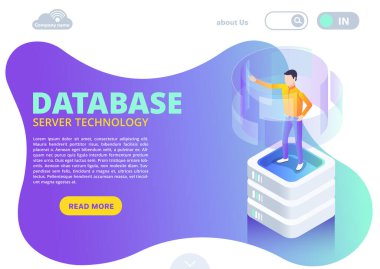 Beyaz arka plan, yenilikçi iletişim teknolojileri ve veri bankası üzerine iniş şeklinde izometrik vektör görüntüsü, veri sunucusuyla çalışan bir adam