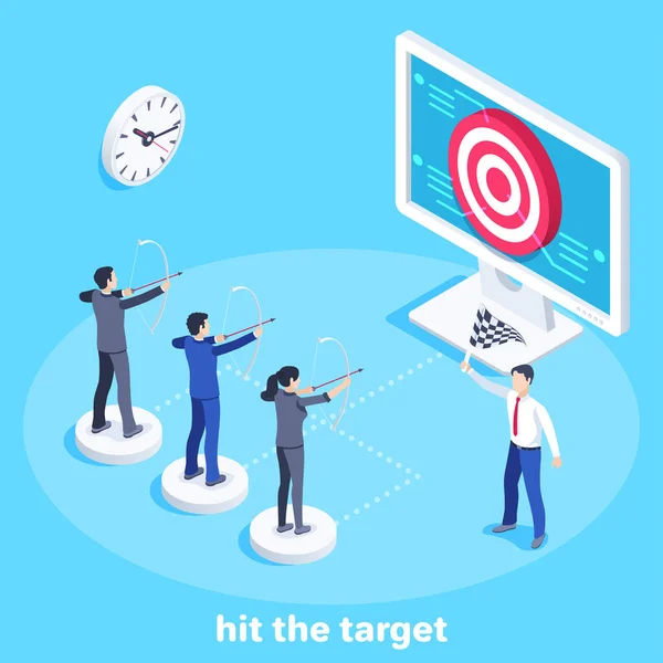 Isometric Vector Image Blue Background People Business Suits Shoot Target — Stock Vector