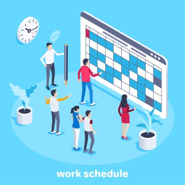 Mavi arkaplandaki izometrik vektör görüntüsü. Ofisteki insanlar çalışma saatlerinin yanında duruyorlar.