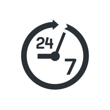 Beyaz arkaplanda düz vektör resmi, çalışma simgesi 24 saat siyah renk