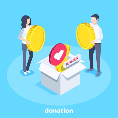 Mavi arkaplandaki izometrik vektör görüntüsü. Takım elbiseli adamlar büyük bir kutunun yanında duruyorlar. İçinde para ve düşüşler, bağış ve sponsorluk var.