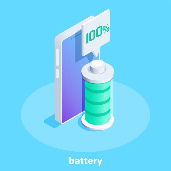 Immagine Vettoriale Isometrica Sfondo Blu Smartphone Batteria Akamulator Full Charge — Vettoriale Stock