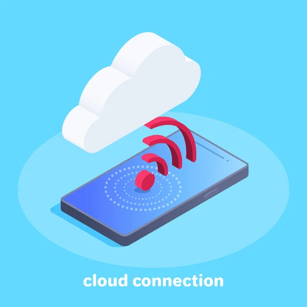 Immagine Vettoriale Isometrica Sfondo Blu Connessione Smartphone Cloud Applicazioni Mobili — Vettoriale Stock