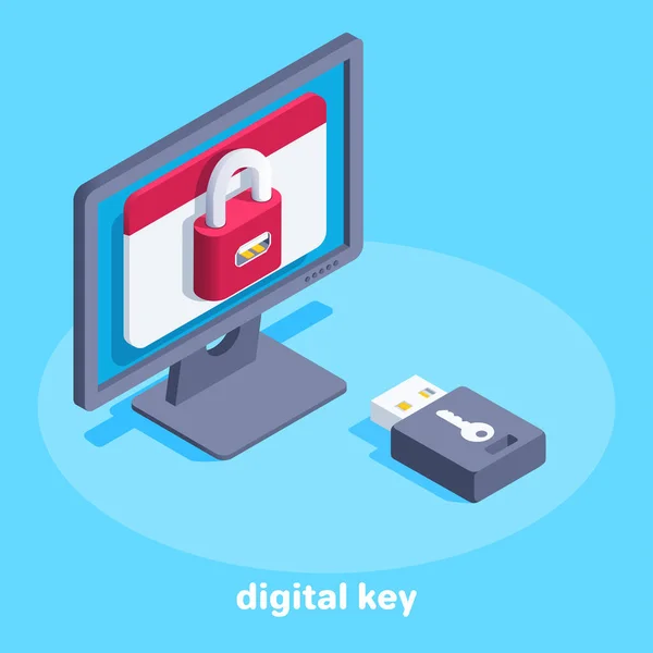 青い背景のアイソメトリックベクトル画像 画面上のロック付きモニターとフラッシュドライブキー デジタル情報保護 — ストックベクタ