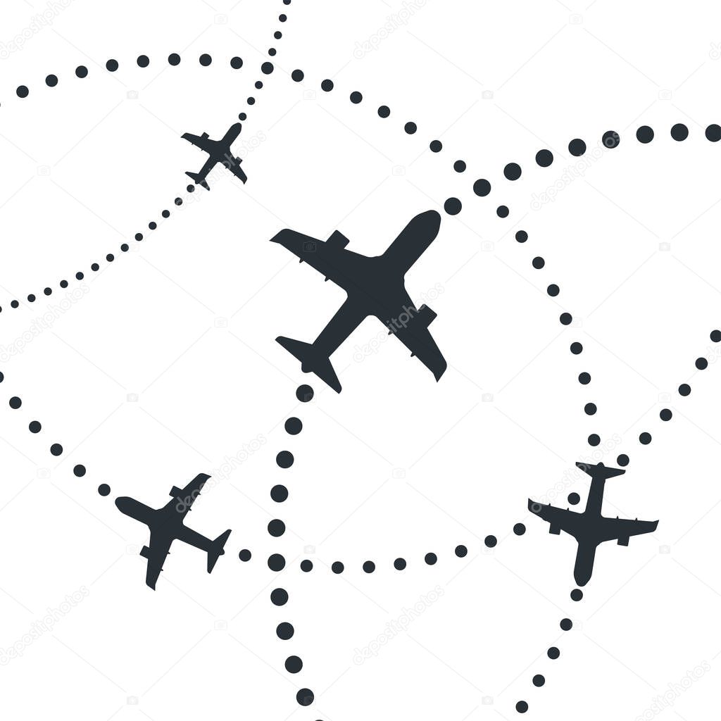 flat vector image on a white background, airplanes fly along trajectories, flight route, aircraft location