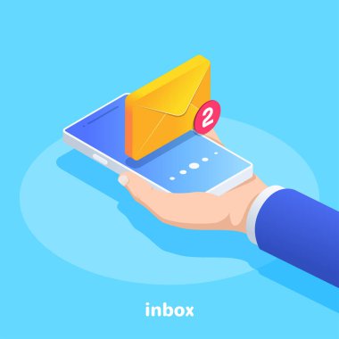 Mavi arkaplandaki izometrik vektör görüntüsü. Takım elbiseli bir adam ekranında bir akıllı telefon tutuyor.