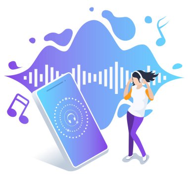 Beyaz arkaplanda izometrik vektör görüntüsü, akıllı telefonun yanında dans eden kulaklıklı bir kız, radyo ya da müzik çalar dinliyor