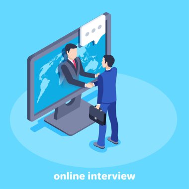 Mavi arka planda izometrik vektör görüntüsü, iş konsepti, takım elbiseli bir adam bilgisayar ekranında başka bir adamla tokalaşıyor, online röportaj.