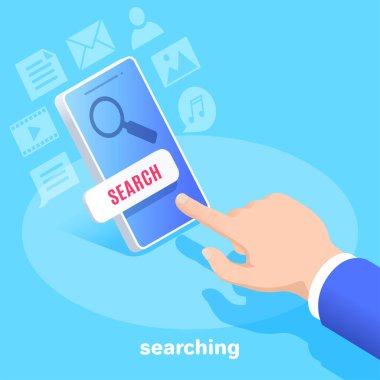 Mavi arkaplandaki izometrik vektör görüntüsü, takım elbiseli bir adamın eli akıllı telefon ekranındaki arama düğmesine basar, uygulamadaki medya verilerini arar