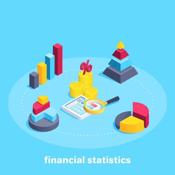 蓝色背景上的等距矢量图像 商业和金融 图表旁边的钱和带放大镜的计算器 使用统计数据 — 图库矢量图片