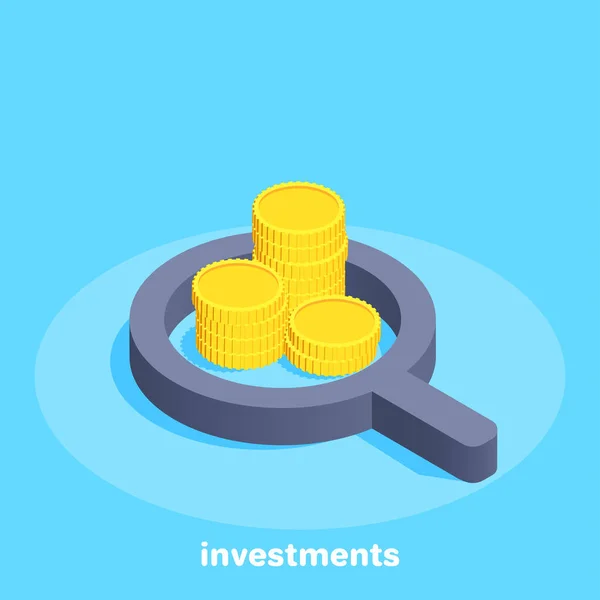 Mavi arkaplandaki izometrik vektör görüntüsü, altın para yığınları ve büyüteç, iş için para ve yatırım arayışı