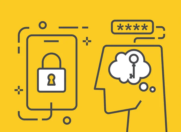 黄色背景上的平面矢量图像 一个人头和一个装有锁的智能手机 记住伙伴密钥或安全密钥 保护应用程序 — 图库矢量图片