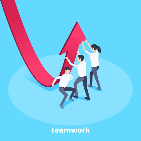 青い背景のアイソメトリックベクトル画像 ビジネス服の男性と女性は赤い矢印の方向を変更している ビジネスの成功のためのチームワーク — ストックベクタ