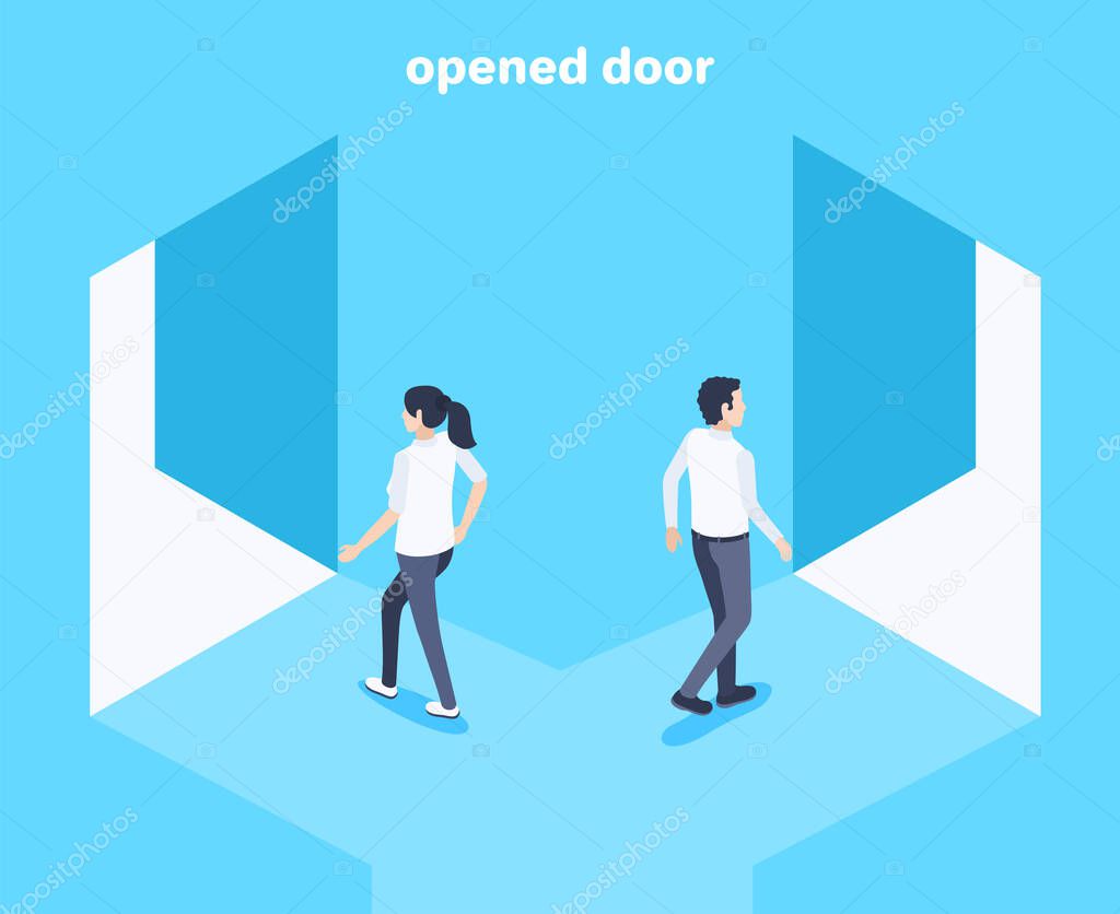 isometric vector image on a blue background, a man and a woman go to the open door each in its own way, open opportunities