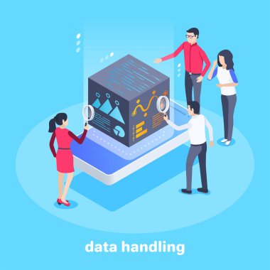 Mavi arkaplandaki izometrik vektör görüntüsü, iş konsepti, insanlar ekrandan gelen bilgiyi akıllı telefondan küp şeklinde inceliyor, finansal uygulamalarla çalışıyor, veri işleme