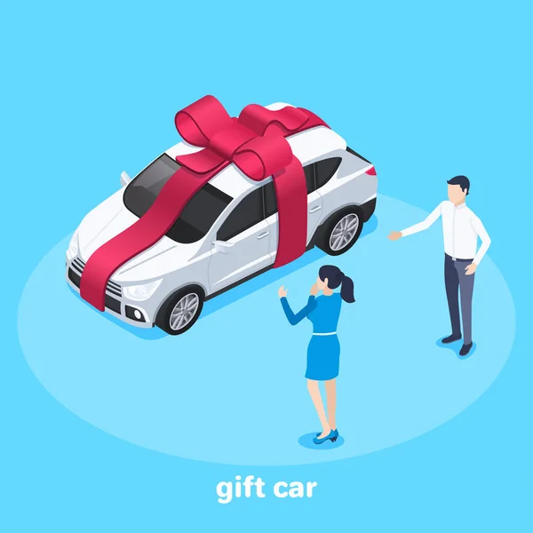 蓝色背景上的等距矢量图像 商业概念 一个男人给一个女人一辆用红色缎带系着蝴蝶结的汽车 — 图库矢量图片