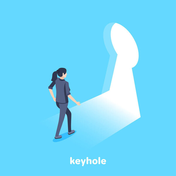 Изометрическое векторное изображение на синем фоне, женщина в деловом костюме приходит в замочную скважину, новые возможности и знания

