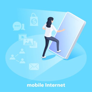 Mavi arka planda izometrik vektör görüntüsü, iş konsepti, bir kız akıllı telefonun ekranına giriyor, mobil internet ve bir aygıt kullanıyor.