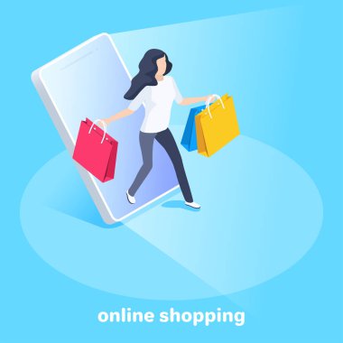Mavi arka planda izometrik vektör görüntüsü, iş konsepti, alışveriş torbalı kadın akıllı telefon ekranından, online mağazadan ve alışveriş merkezinden çıkıyor