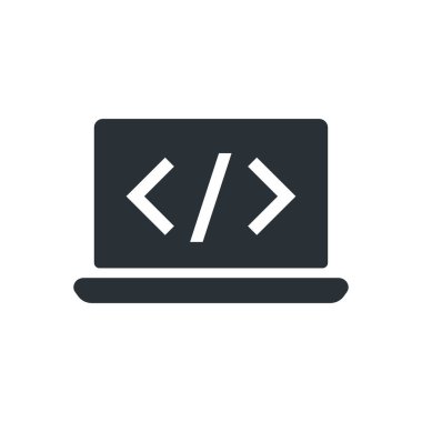 Beyaz arkaplanda düz vektör resmi, programlama dilinden sembollü dizüstü bilgisayar simgesi