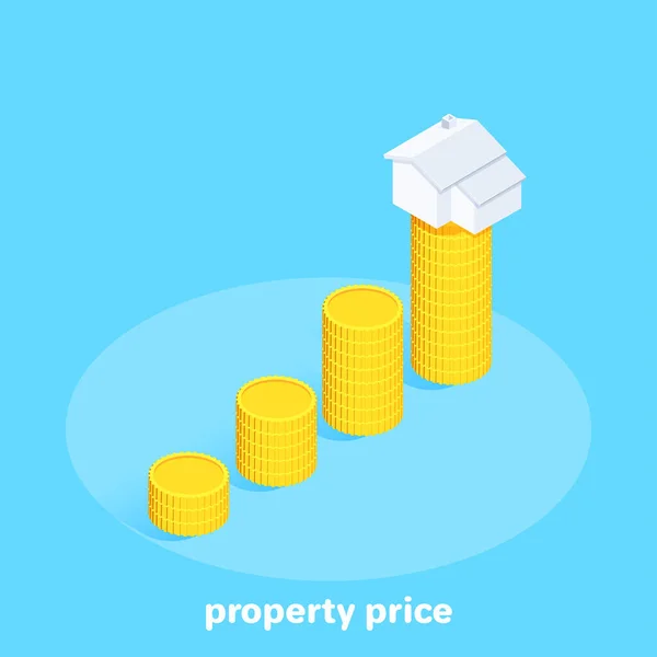 蓝色背景上的等距矢量图像 最高一栏上的金币图表和房屋图标 不断上涨的房地产价格 — 图库矢量图片