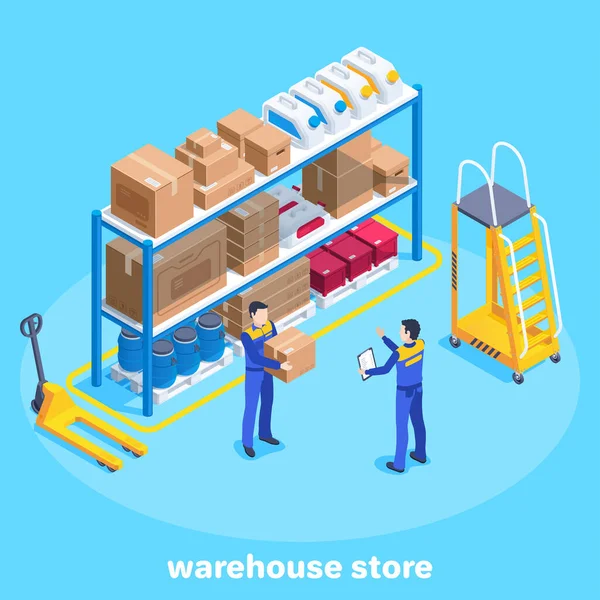 蓝色背景上的等距矢量图像 商业概念 穿着工作服的人在仓库里工作 一个装有盒子和罐的架子 货物运输设备 — 图库矢量图片