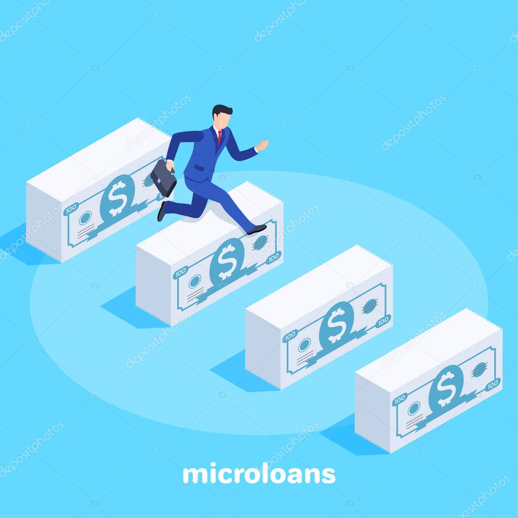 isometric vector image on a blue background, a man in a business suit with a briefcase runs and jumps over piles of banknotes, microloans and credit