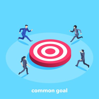 Mavi arkaplandaki izometrik vektör görüntüsü, takım elbiseli kadın ve erkekler büyük bir kırmızı hedefe koşuyor, iş dünyasındaki rekabet