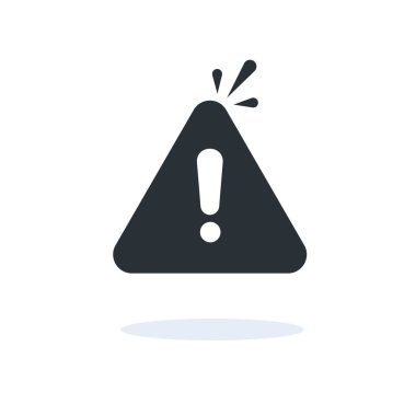 Beyaz arkaplanda düz vektör resmi, siyah üçgende gölgeli ünlem simgesi simgesi