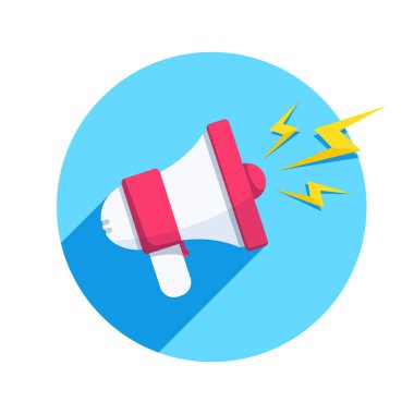 Beyaz zemin üzerinde düz vektör görüntüsü, mavi daire ve şimşek içinde kırmızı hoparlör ikonu, insanları cezbediyor ve promosyon