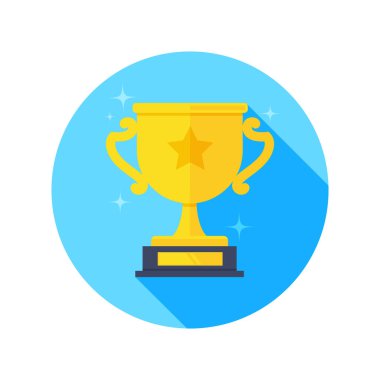 Beyaz arkaplanda düz vektör resmi, yıldız ve renklerle mavi bir dairede altın kupa simgesi