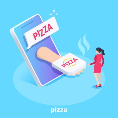 Mavi arka planda izometrik vektör görüntüsü, kırmızı elbiseli bir kız akıllı telefonun önünde duruyor ve elinde bir kutu pizza ile internetten pizza sipariş ediyor.