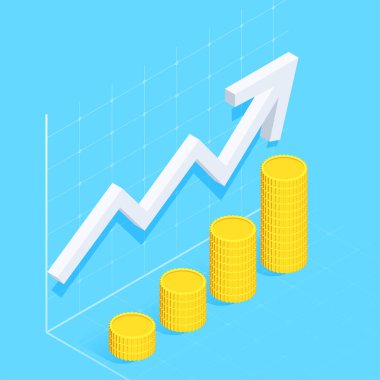 Mavi arkaplandaki izometrik vektör görüntüsü, beyaz kavisli ok yukarı eğilimli ve madeni paralar ile sütunlar, finansal başarı ve yatırım geri dönüş