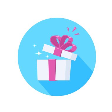 Beyaz arka planda düz bir vektör görüntüsü, beyaz açık kutu, uzun bir gölge, sürpriz ya da hediye ile mavi daireli pembe bir yay