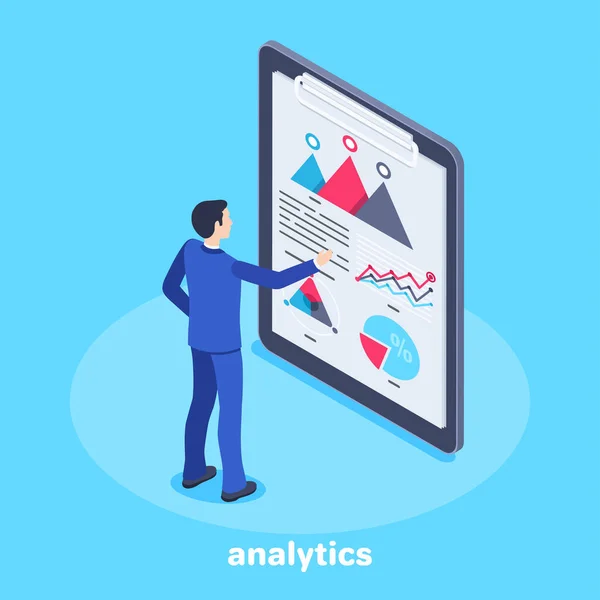 파란색 배경에 이미지 비즈니스 슈트를 남자가 그래프와 자료가 종이가 태블릿 — 스톡 벡터