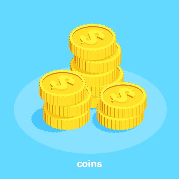 Isometric Vector Image Blue Background Gold Coins Dollar Icon Lie — Stock Vector