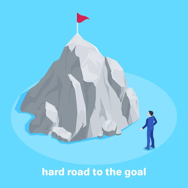 青い背景にアイソメトリックベクトルの画像ビジネススーツの男が高い山の前に立っているその上に旗がありゴールへの難しい道 — ストックベクタ