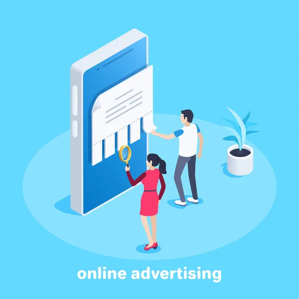 isometric vector image on a blue background, a man and a woman read an ad on a smartphone screen, online advertising service