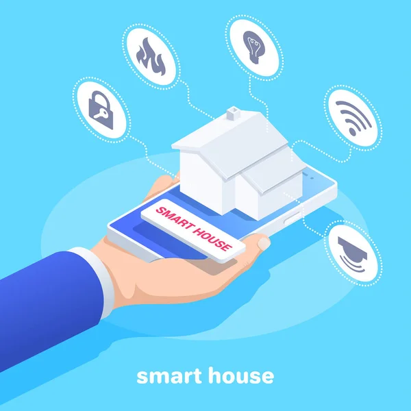 蓝色背景上的等距矢量图像 一只雄性手拿着一部智能手机 屏幕上有房子和按钮 象征着智能家居的主题 — 图库矢量图片