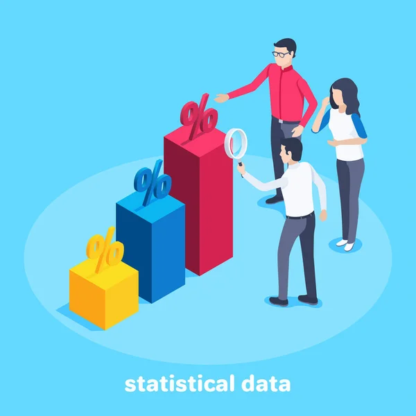 Izometrický Vektorový Obraz Modrém Pozadí Muž Žena Stojí Sloupce Grafu — Stockový vektor