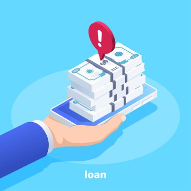 Mavi arkaplandaki izometrik vektör görüntüsü, bir erkek eli ekranda bir akıllı telefon tutuyor, banknotlar yığını, çevrimiçi kredi
