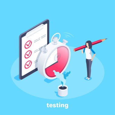 Mavi arkaplanda izometrik vektör görüntüsü, tabletin yanında bir kronometre ve kalem, zaman testi olan bir kadın.
