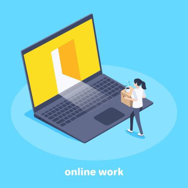 Mavi arkaplandaki izometrik vektör görüntüsü, bir şeyler için kutusu olan bir kız bir dizüstü bilgisayarın açık kapısına gelir, açık bir konum ve çevrimiçi çalışır