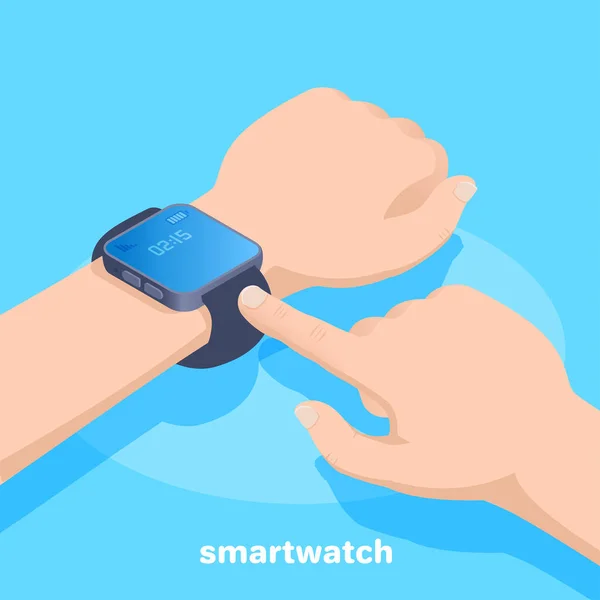 Isometrisches Vektorbild Auf Blauem Hintergrund Smart Watch Auf Männlicher Hand — Stockvektor