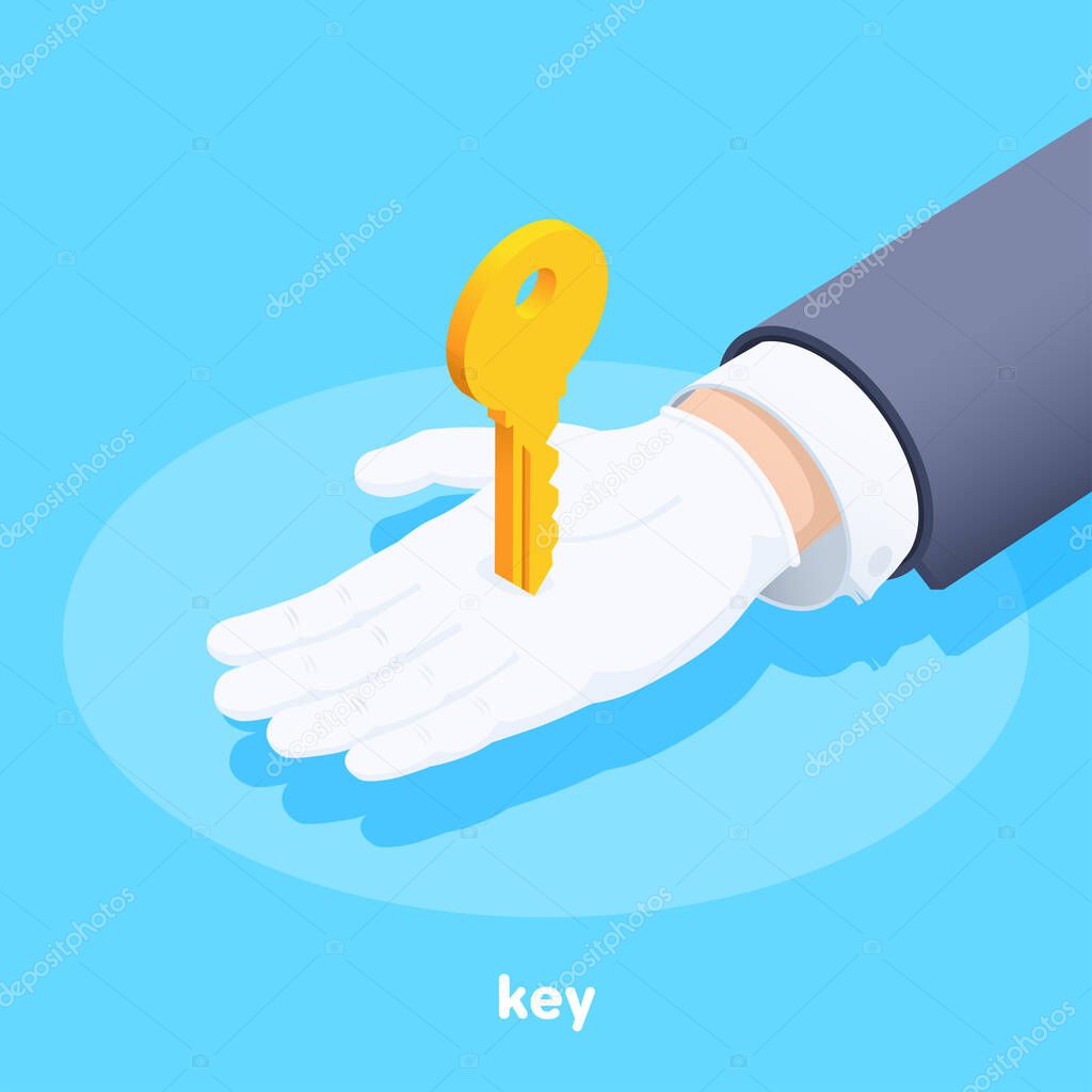 isometric vector image on a blue background, a golden key on a mans palm, living room key