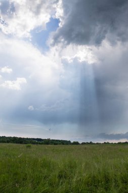Yeşil alanı mavi bulutlu gökyüzü arka plan ile kırsal yol