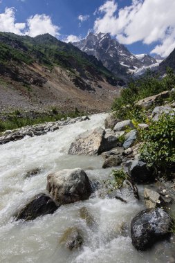 Nehir kenarında yaz aylarında Kafkasya dağlarında Chalaadi Buzulu